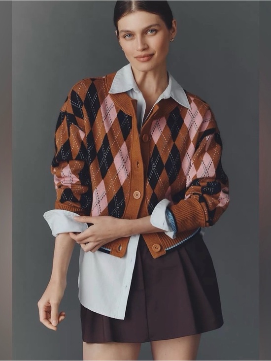 Maeve Sweaters - Maeve by Anthropologie The Sutton Compact Cardigan Sweater Camel Argyle LARGE